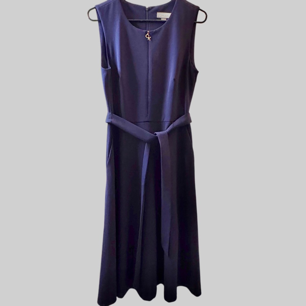 Calvin Klein Women's‎ Navy Blue Sleeveless Midi Dress Size 8 Belted Gold CK